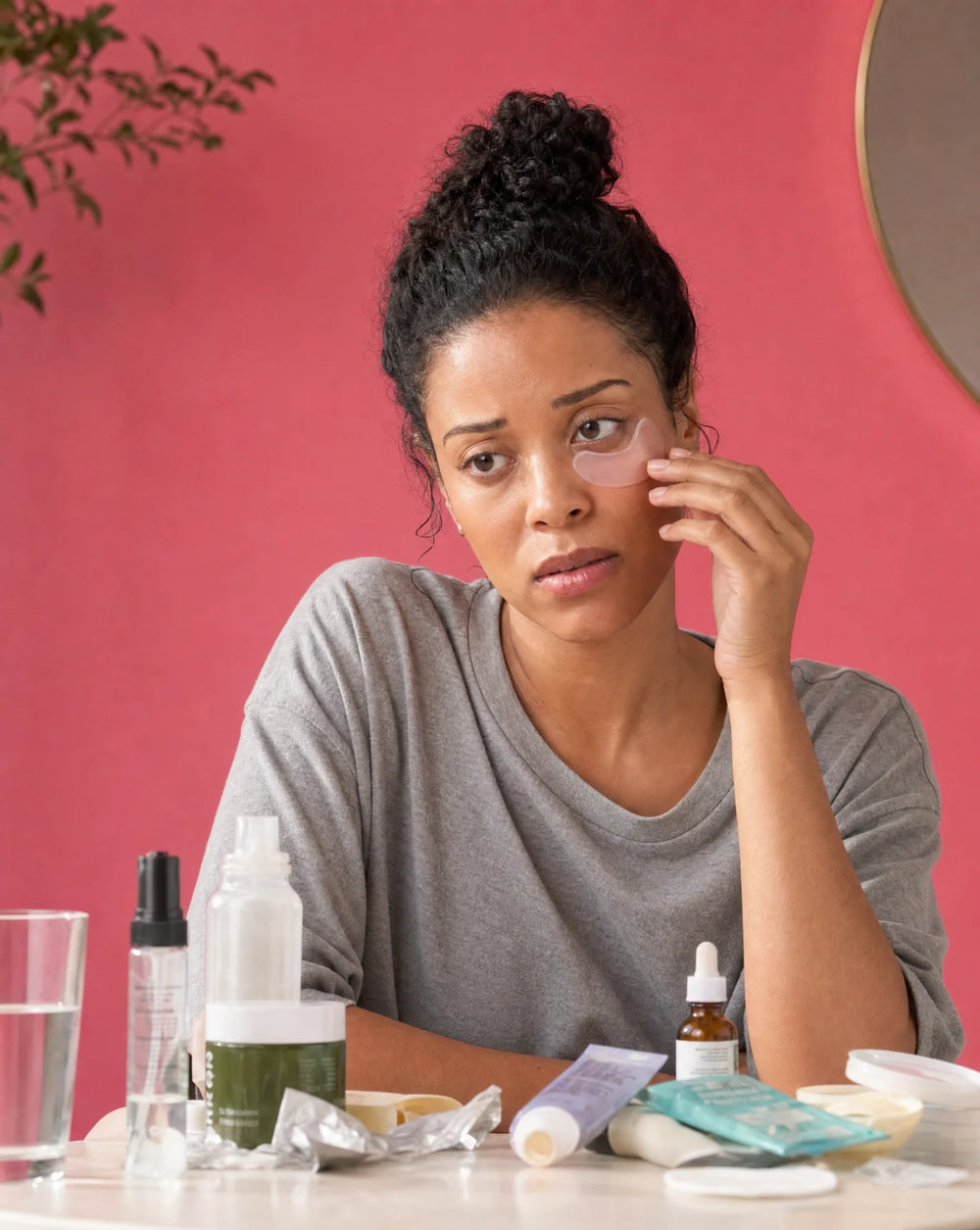 Woman in a gray t-shirt applying a single eye patch while surrounded by cluttered mixed skincare products on a table