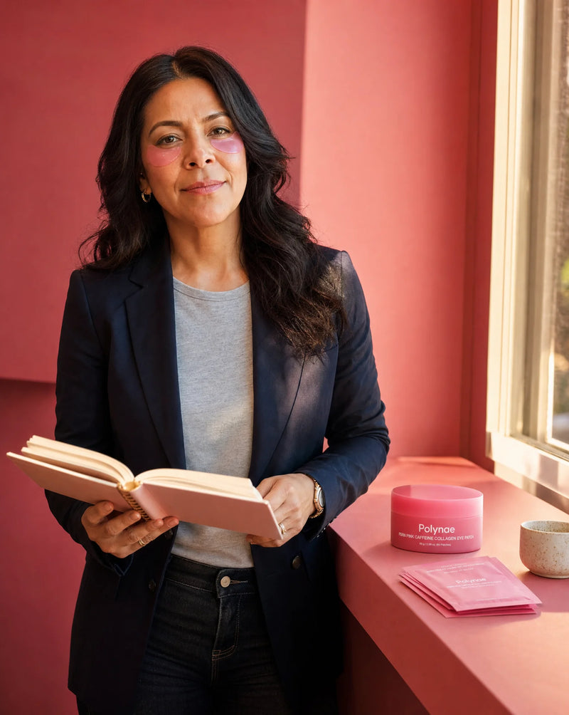 Woman wearing Polynae pink collagen eye patches under both eyes, holding an open book, with the Polynae PORI Pink Caffeine Collagen Eye Patch jar and foil packe