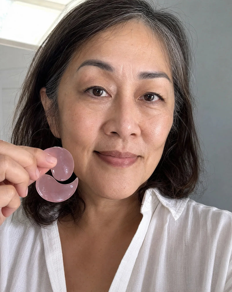 Woman in blue sweater applying a Polynae eye patch under her eye with the pink product jar on a pink surface beside her