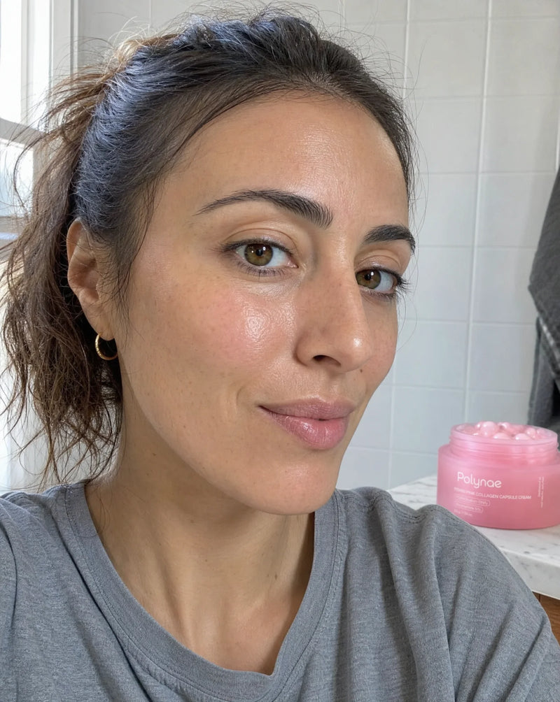 Selfie of a woman with glowing bare skin holding the Polynae pink jar in a bathroom mirror