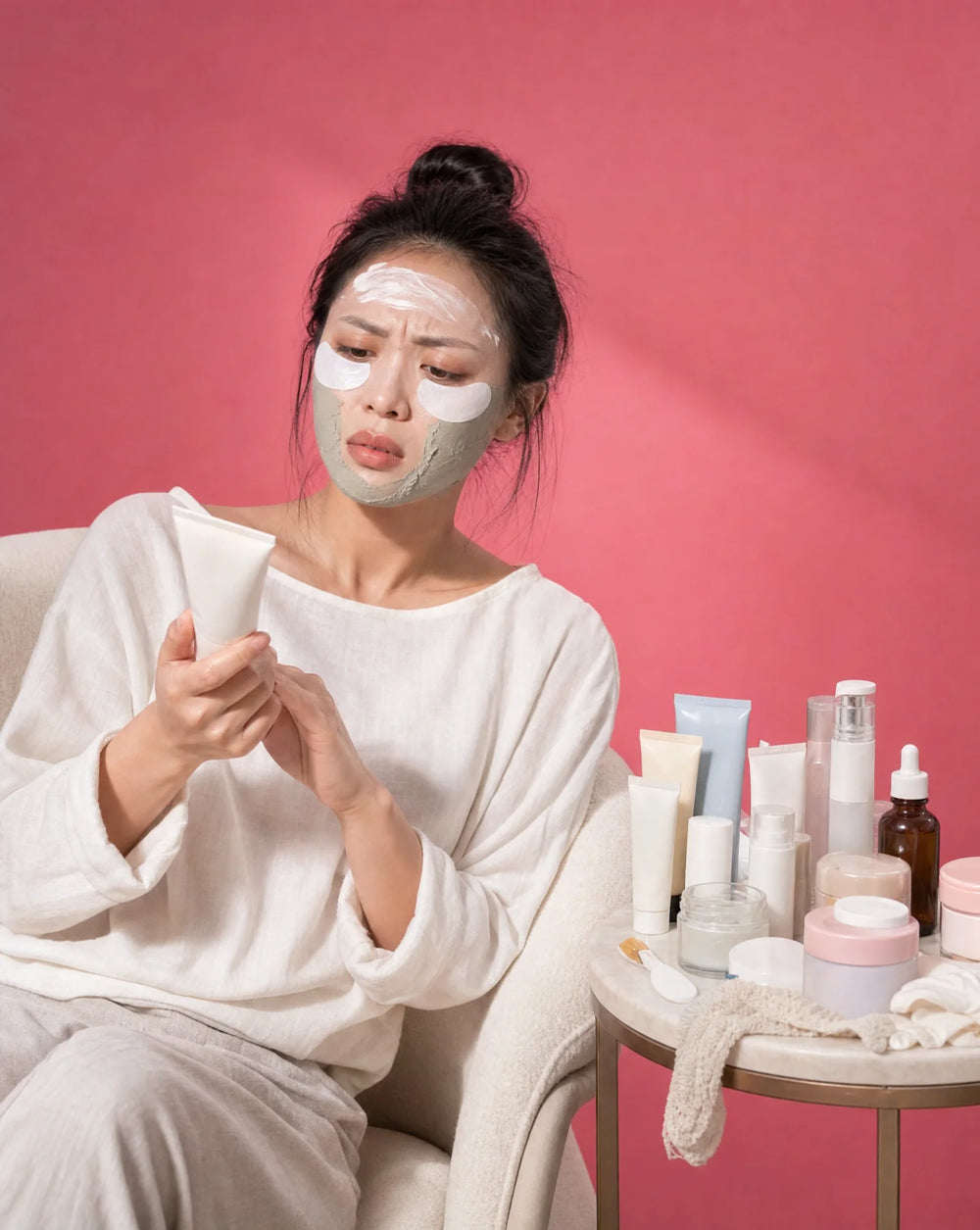Woman with a clay mask, under-eye patches, and a cluttered table of various unlabeled skincare tubes and bottles, looking confused