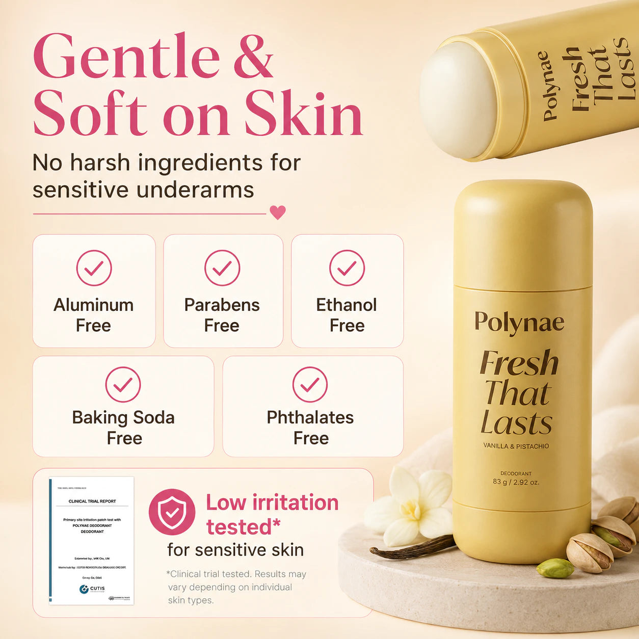 Polynae sensitive skin deodorant infographic with aluminum-free and paraben-free formula.