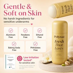 Polynae sensitive skin deodorant infographic with aluminum-free and paraben-free formula.