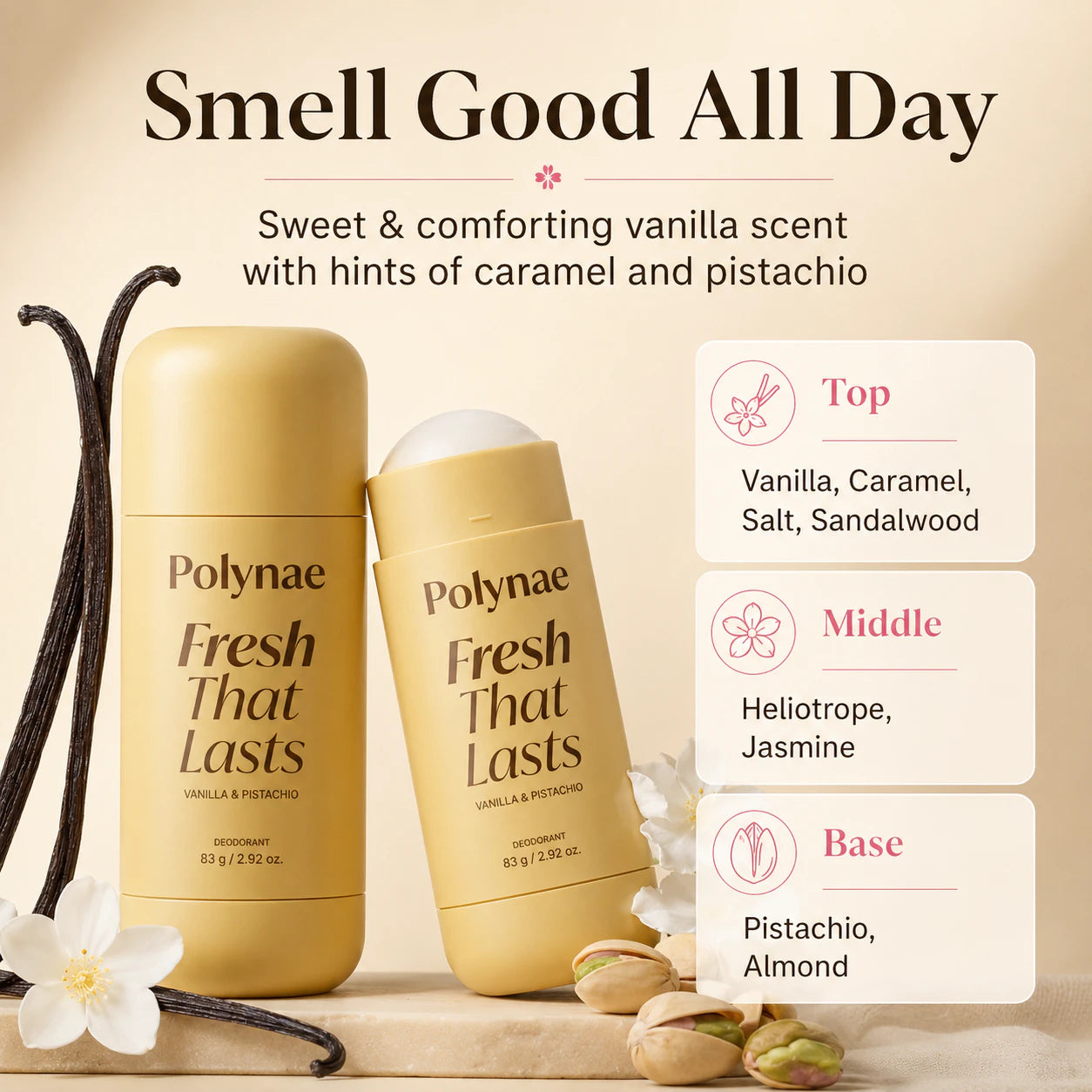 Polynae vanilla and pistachio deodorant infographic with scent notes and two deodorant sticks.