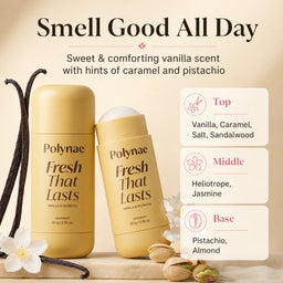 Polynae vanilla and pistachio deodorant infographic with scent notes and two deodorant sticks.