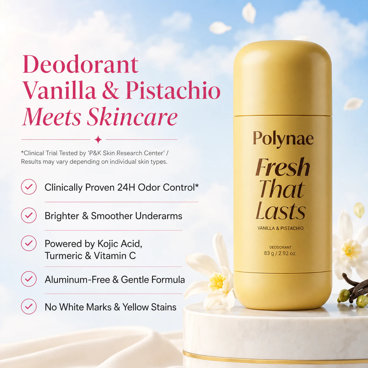 Polynae vanilla and pistachio deodorant infographic with odor control and underarm care benefits.