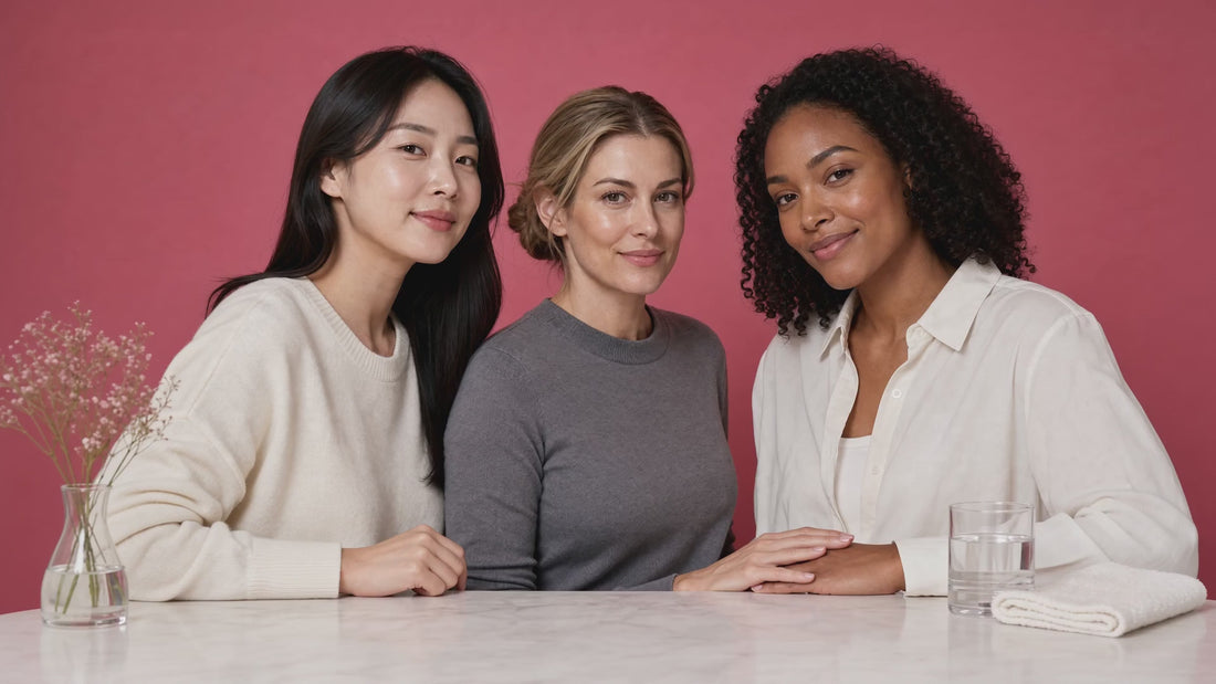 Three women at a rose-pink studio vanity apply Polynae PDRN collagen skincare in a fast-cut cinematic beauty sequence, a balm stick, a face mask, and an eye patch closing on the trio together in soft, glowing light.